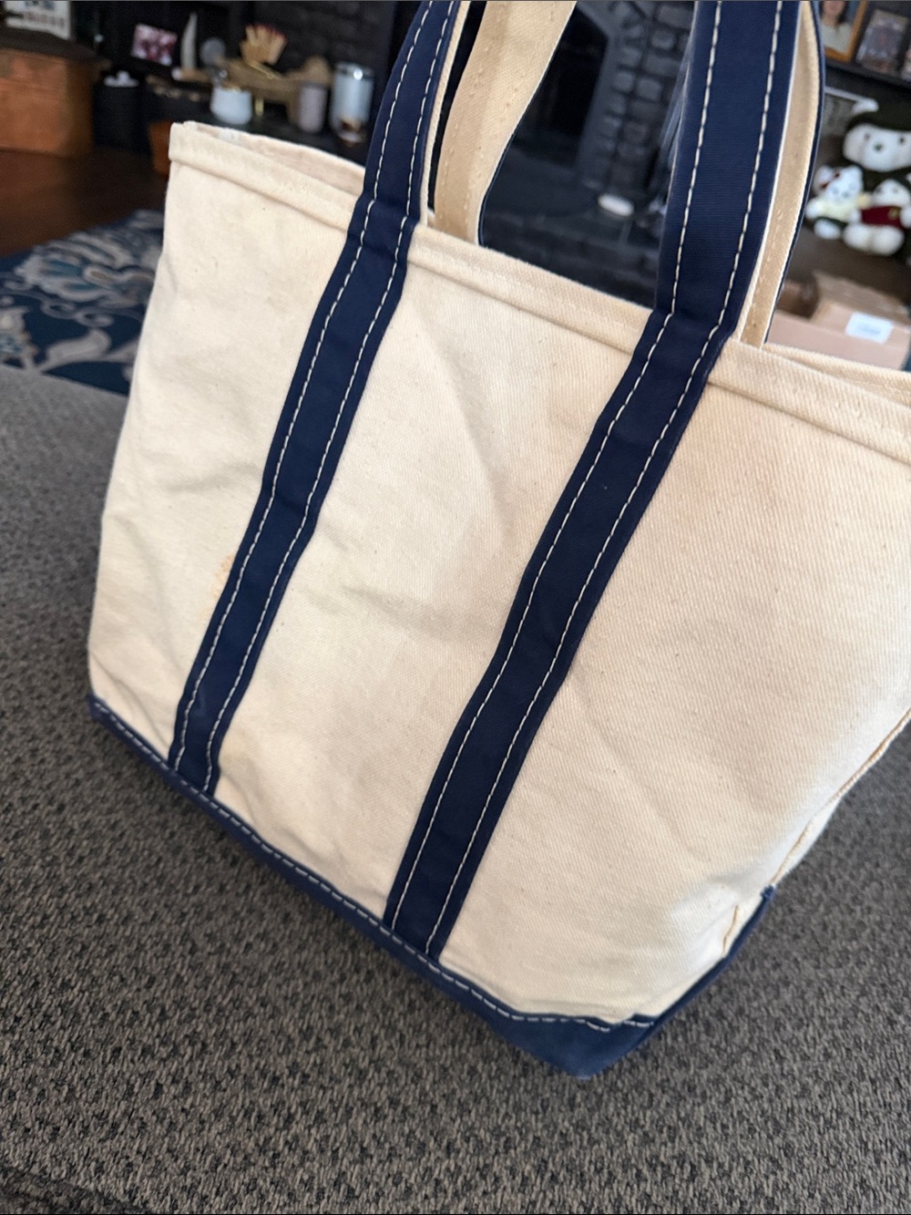L.L. Bean Vtg Cream Canvas Tote with Navy Handles and Kellogg's Patch sack Em up - Picture 4 of 9